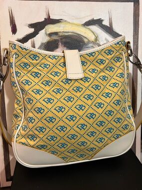 Dooney & Bourke Yellow and Teal Logo Shoulder Bag with Cream Trim